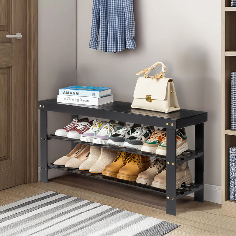 Babb Wood Shelves Storage Bench, Black
