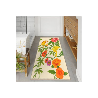 MOSSO Cream Floral Washable Woven Backing Area Rug