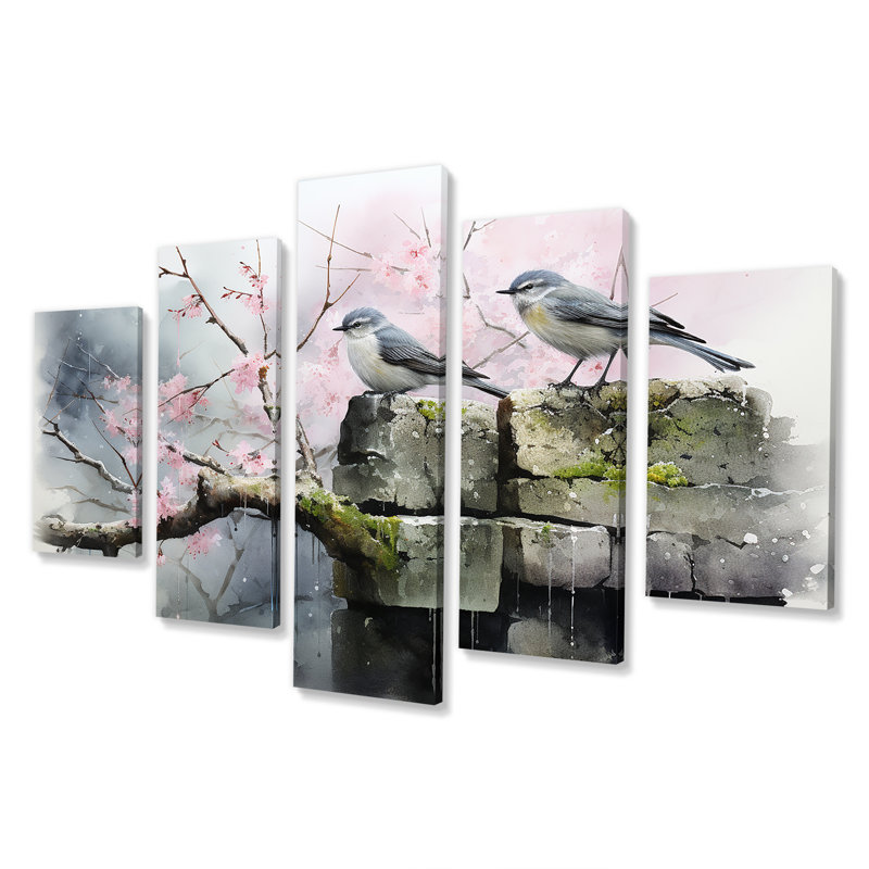  «Gray and Pink Spring Songbirds Blooms - Landscape Modern Multipanel Wall Art, ensemble