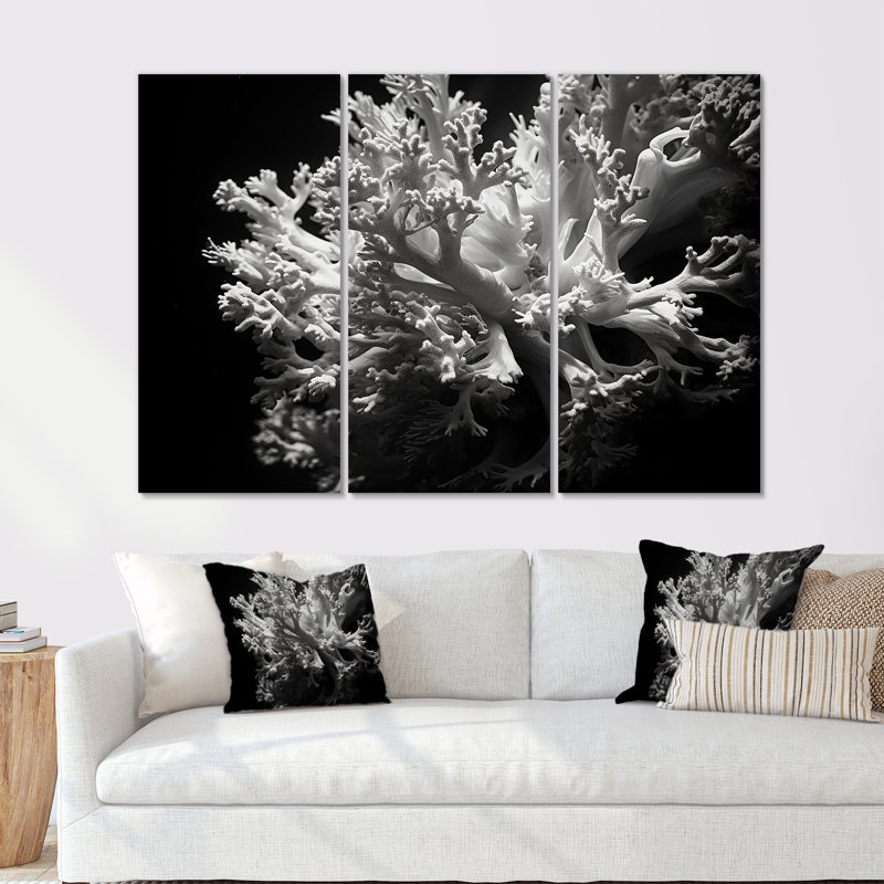 Ensemble de décorations murales noir et blanc Anemone Reef III - Corail sous l'eau, Toile tendue, H 32 po x l 48 po x P 1 po
