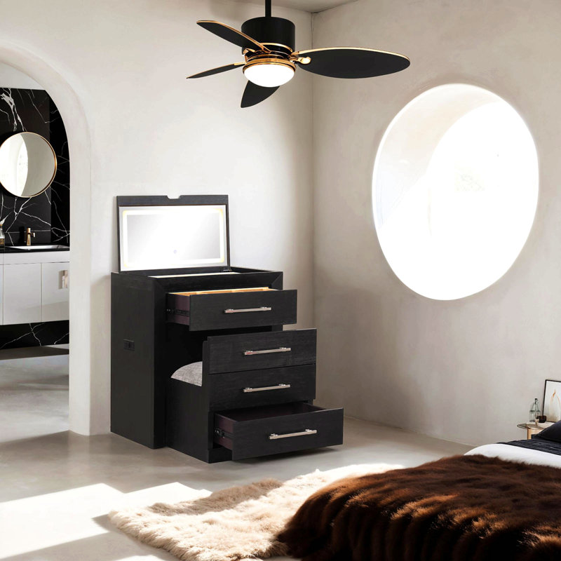 Bedside Vanity Set W/ Stool Storage Drawers Nickle Pulls Handles Vanity Led Contemporary Style, Black
