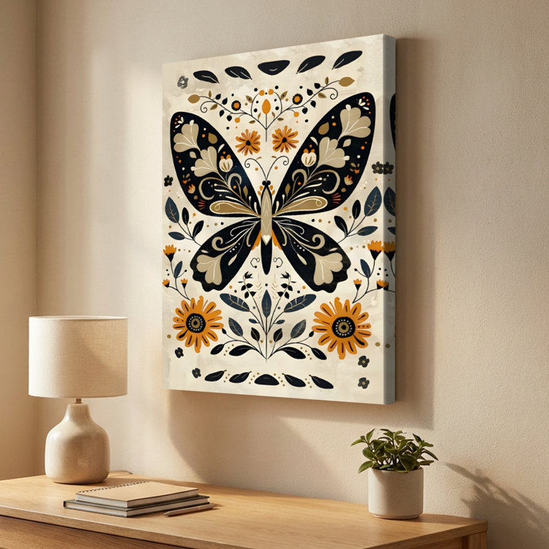 Papillon orné de motifs floraux sur toile - motif complexe - galerie profonde de 1 po - 24 po x 36 po