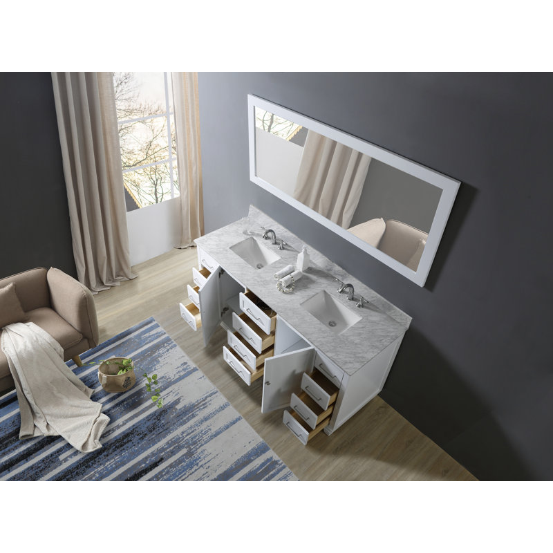 White Double Bathroom Vanity with Marble Top and Storage Drawers