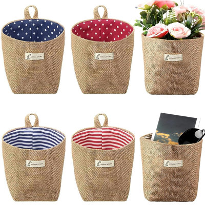 6 PCS Mini Hanging Storage Bags, Cotton Linen Small Storage Basket Wall Hanging Organizer Box Wall Mounted Storage Pocket Collapsible Decor Bin Bag W