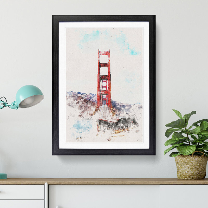 Golden Gate Bridge Abstract Watercolour - Picture Frame Graphic Art, 63cm H x 45cm W x 2cm D, Black Framed