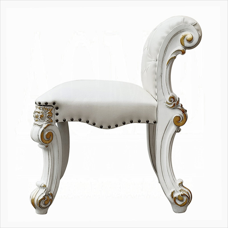 Tabouret de coiffeuse beige et argent antique avec garniture cloutée