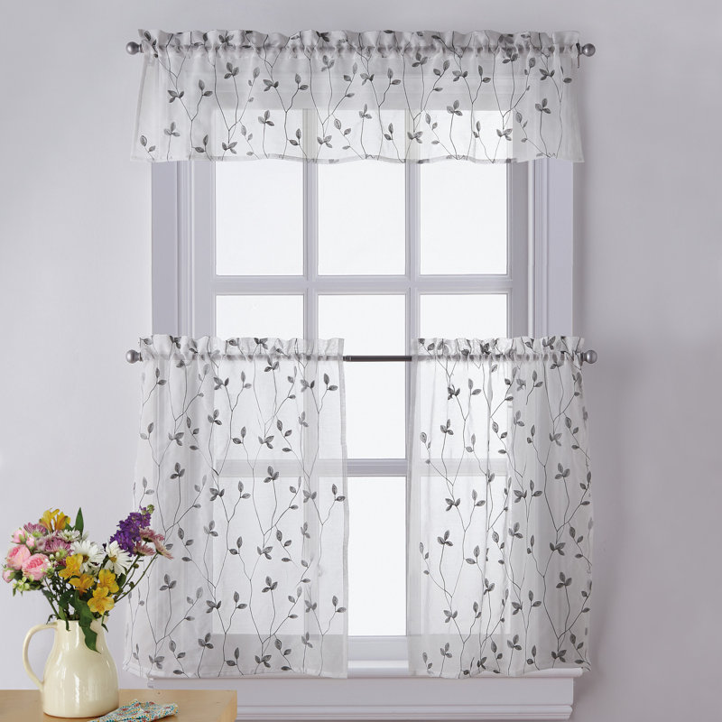 Gray Botanical Embroidery Rod Pocket Window Valance