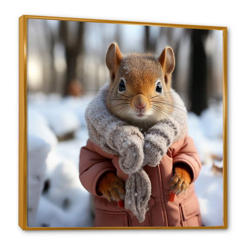 Mignon écureuil avec foulard dans la neige II - écureuil, art mural, H 16 po x l 16 po x P 1 po, Cadre flottant doré