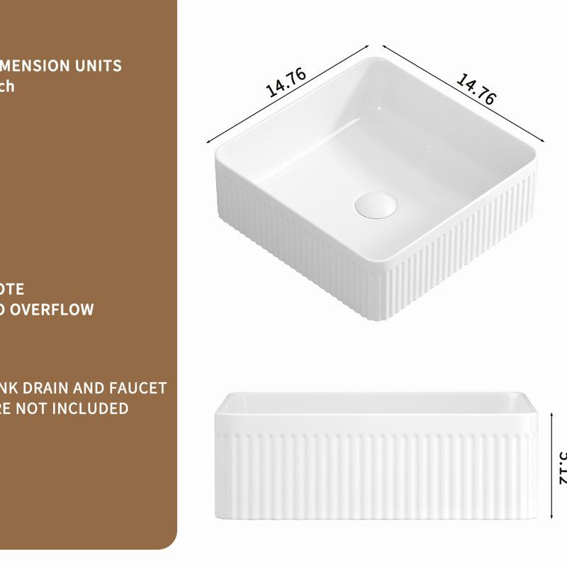 Bathroom Vessel Sink, 15X15 Inches, Rectangular Porcelain Ceramic, Striped Design, Compatible With Various Faucets, Stain - 15 Inch Sink Of Bold Statement In Bathroom, High Temperature Fired