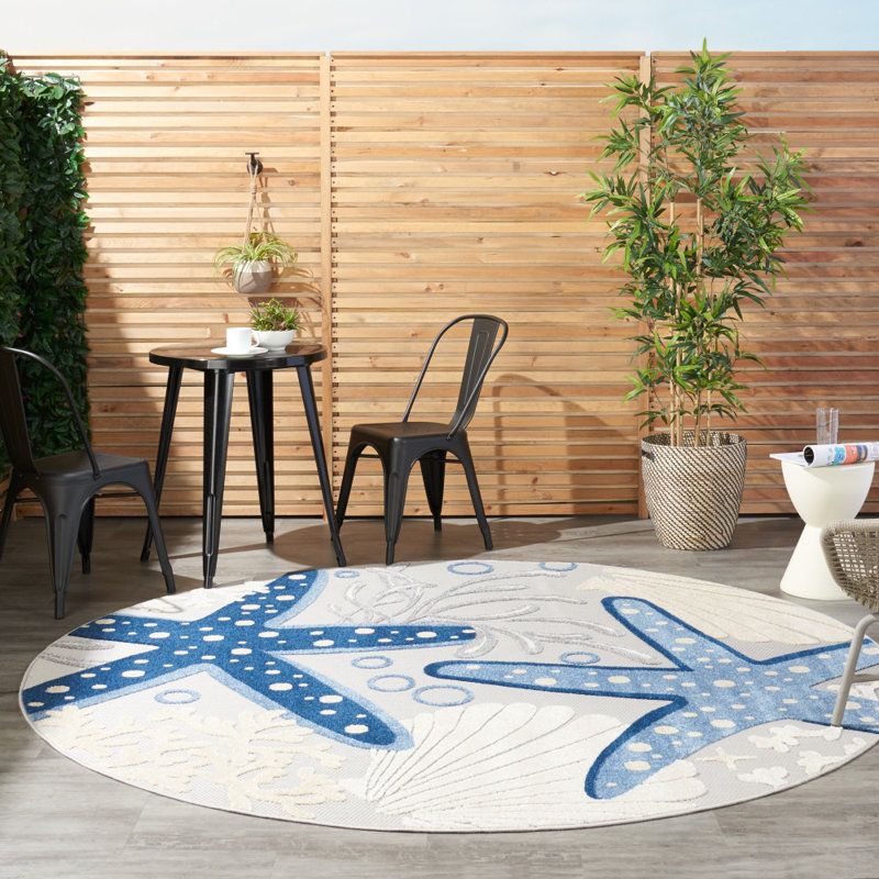 Tapis d'intérieur / extérieur bleu / gris Aarav, Rond 5 pi 3 po