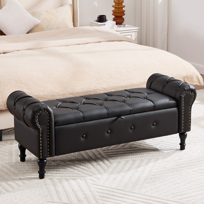 Élégant banc de rangement rembourré avec accoudoirs roulés et coutures élégantes, Noir