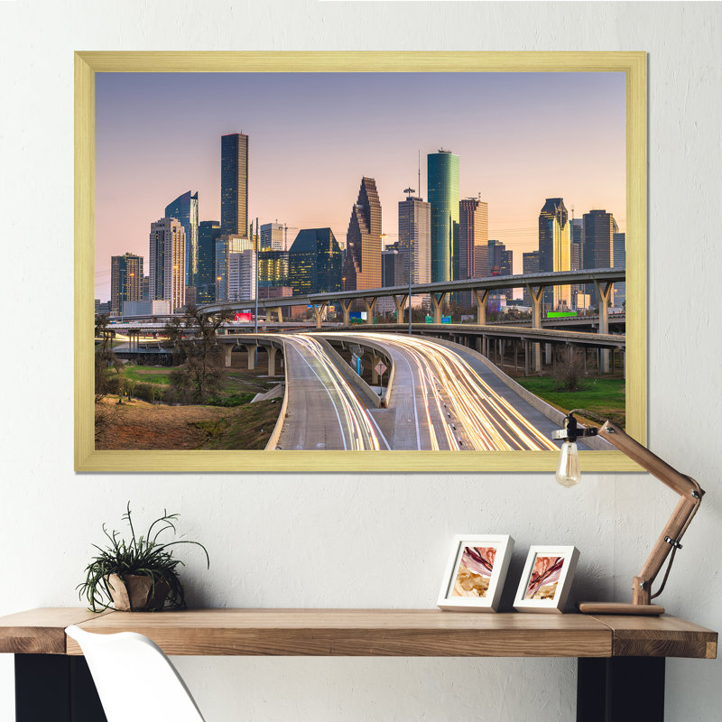 «Houston Texas Skyline - Cityscapes», reproduction d'art sur toile, H 34 po x l 44 po x P 1,5 po, Cadre photo doré simple