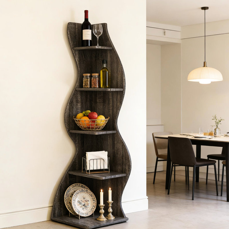 Bibliothèque d'angle à 5 niveaux en bois gris avec une construction solide et un profil élégant pour un look dans n'importe quel espace de vie ou de travail. Une solution élégante et pratique pour votre bureau