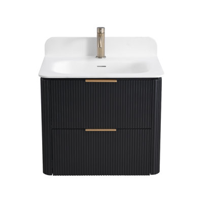 Meuble-lavabo 24 po en chêne noir avec motif cannelé et quincaillerie dorée