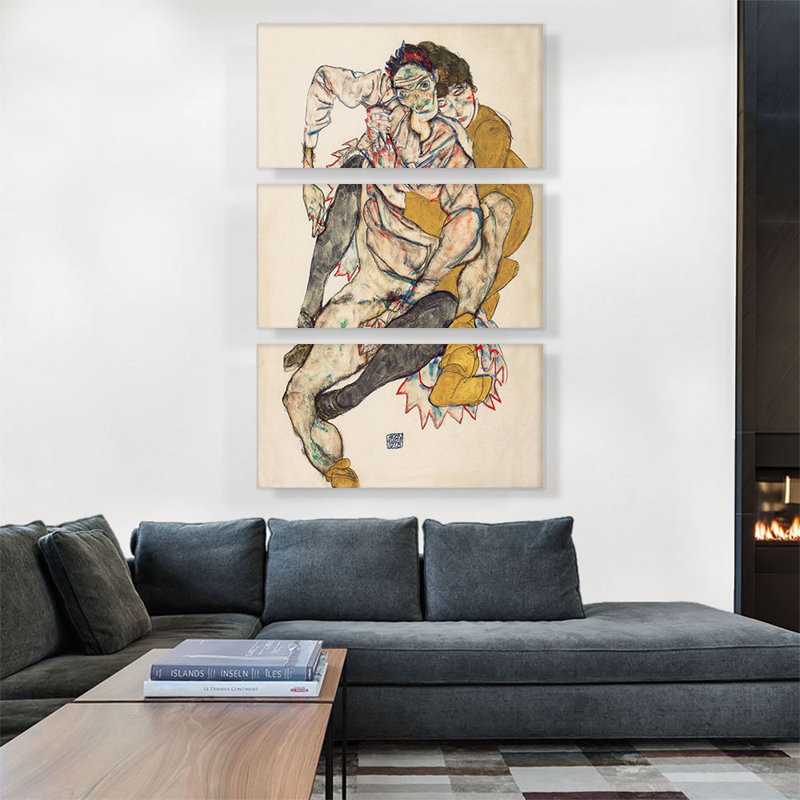 «Sitzendes Paar 1915» par Egon Schiele, ensemble de 3 reproductions d'art sur toiles tendues, H 60 po x l 40po x P 1,5 po