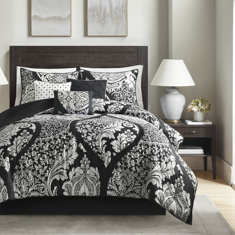 Édredon pour très grand lit - 7 pièces avec coussins en coton à bordure noire, Black