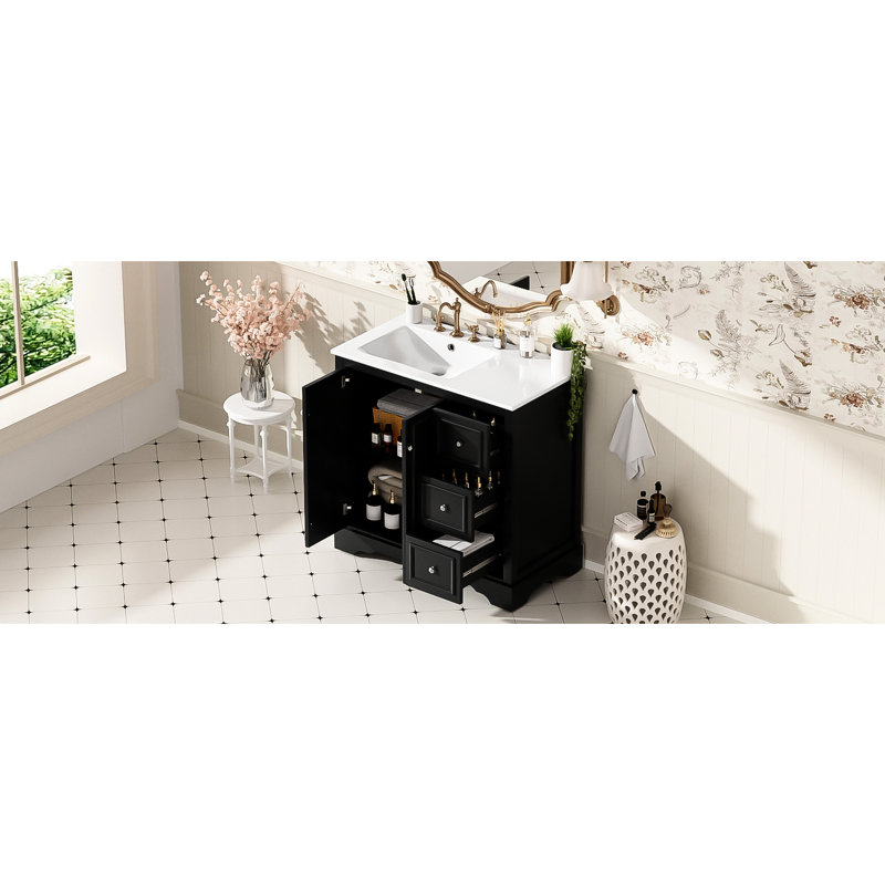 Meuble-lavabo transitionnel de 36 po, finition peinte, poignées en alliage de zinc et meuble-lavabo spacieux de style transitionnel de 36 po avec portes à fermeture en douceur, tiroir divisé, lavabo en céramique pour tous les jours