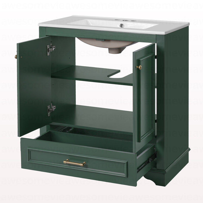 Meuble-lavabo de luxe 30 po avec lavabo en céramique, meuble-lavabo avec 2 grandes portes à fermeture douce, meuble de rangement en bois massif