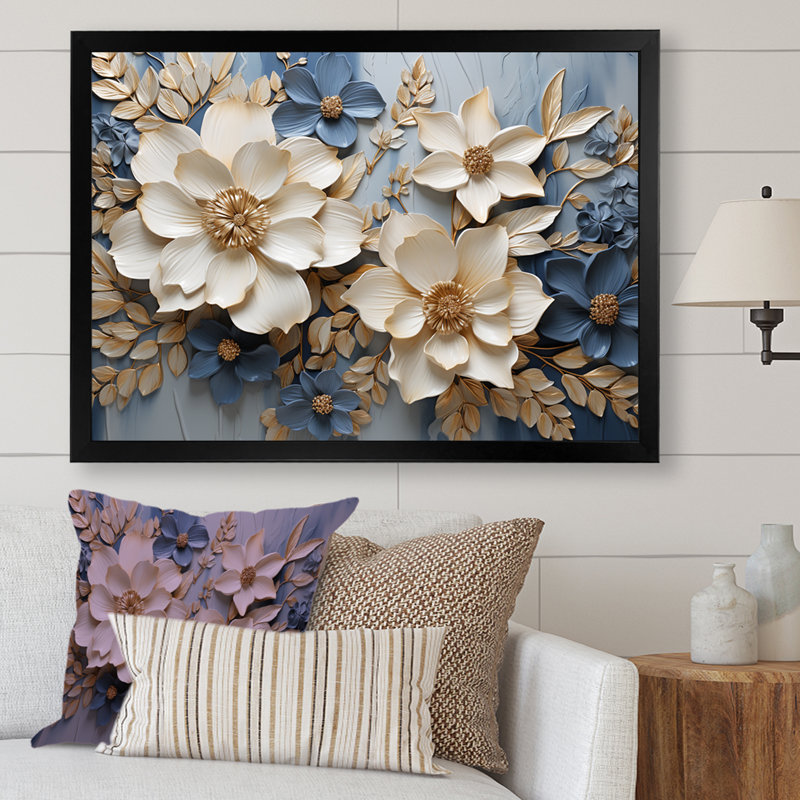 Composition de fleurs saisonnières beige et bleu - Fleurs saisonnières, H 30 po x l 40 po x P 1,5 po, Cadre simple noir