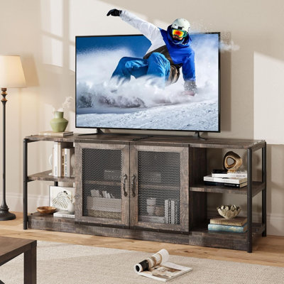 Meuble télé 63 po pour téléviseur de 75 po, console média grise avec portes en filet et tablettes ouvertes, centre de divertissement robuste pour le salon, chêne foncé