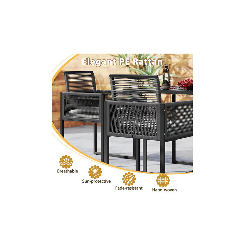 Ensemble bistro d'extérieur en osier PE - Table et chaises peu encombrantes avec coussins, plateau en verre trempé