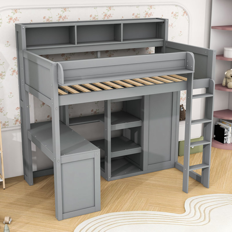 Lit mezzanine simple en bois avec bureau intégré et tablettes de rangement, gris