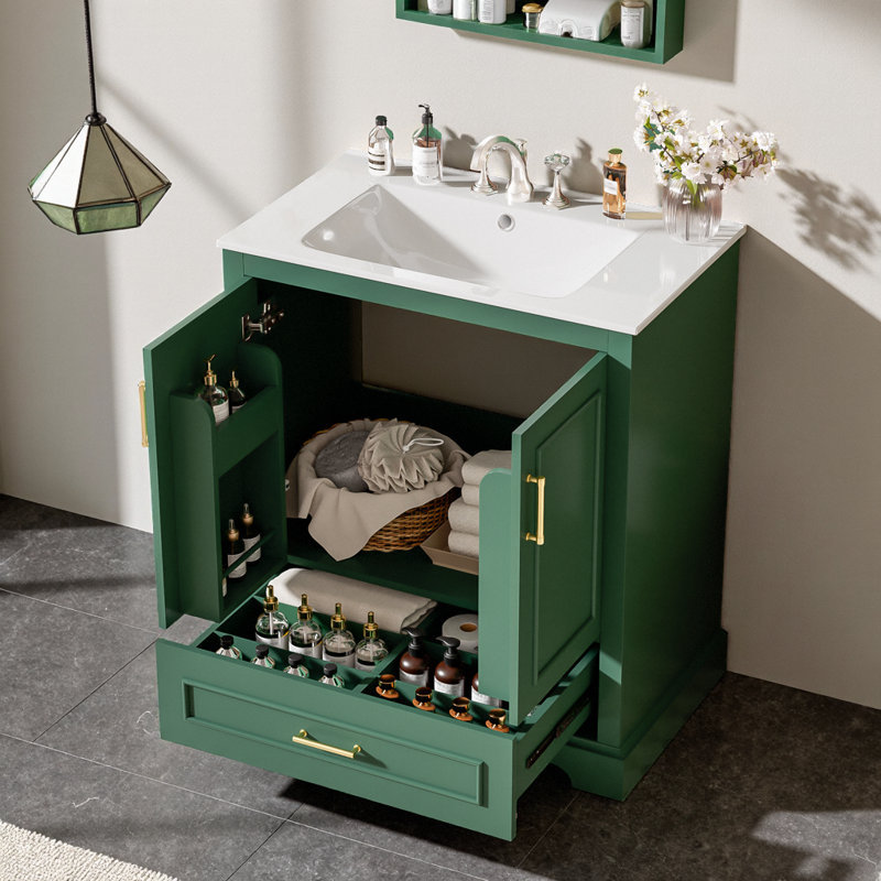 Meuble-lavabo moderne 30 po avec lavabo en céramique et portes à fermeture douce, Vert