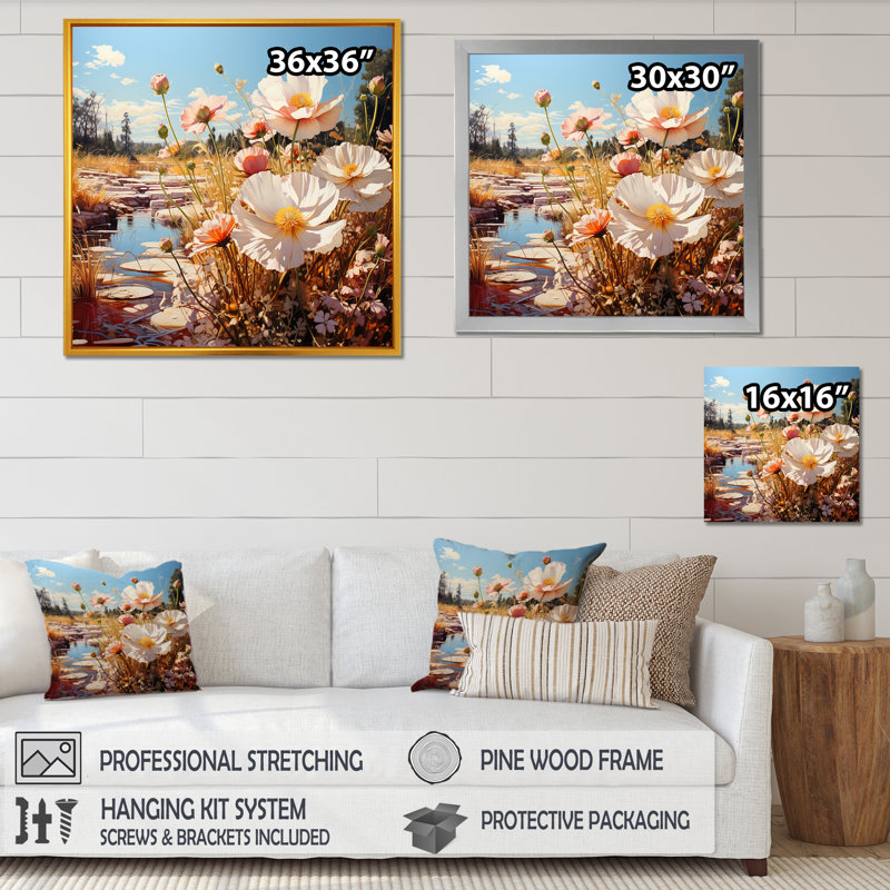 Fleurs blanches et jaunes «Wander Meadow» - Art mural fleurs sauvages, H 36 po x l 36 po x P 1,5 po, Toile tendue