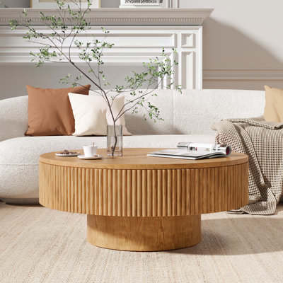 Sharna Pedestal Round Coffee Table, Handcrafted Solid Wood Fluted Design