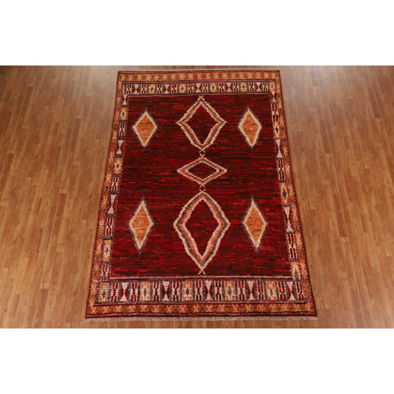 Tapis rouge en laine noué à la main de conception unique 6 pi 9 po x 10 pi New Age