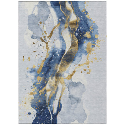 10' X 14' Blue And Gold Abstract Washable Indoor Outdoor Area Rug