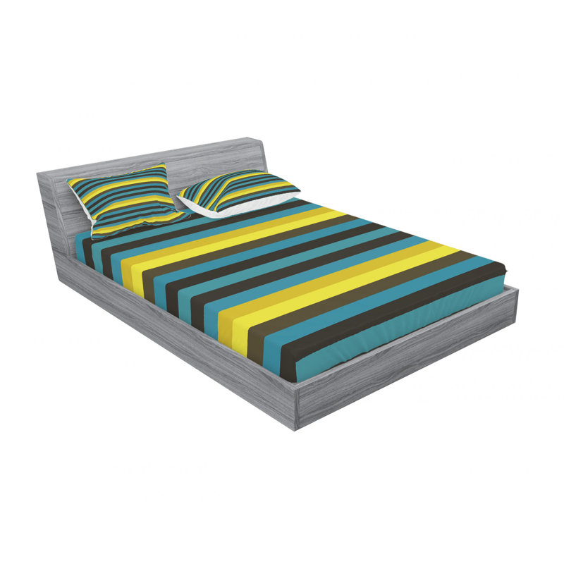 Microfiber Abstract Sheet Set, Striped, Full/Double Sheet Set with Fitted Sheet, Teal/Yellow