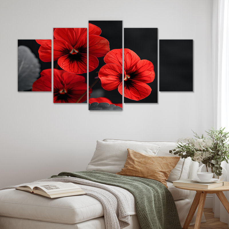 Fleurs rouges rouges et noires en verre, ensemble d'art sur toile I Pensies
