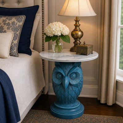 Owl Side Table, Cute Animal Resin End Table, Unique Bird Statue Nightstand with Round Top, Whimsical Decor Furniture for Nursery, Bedroom & Living Room - 17.7" Tabletop Blue