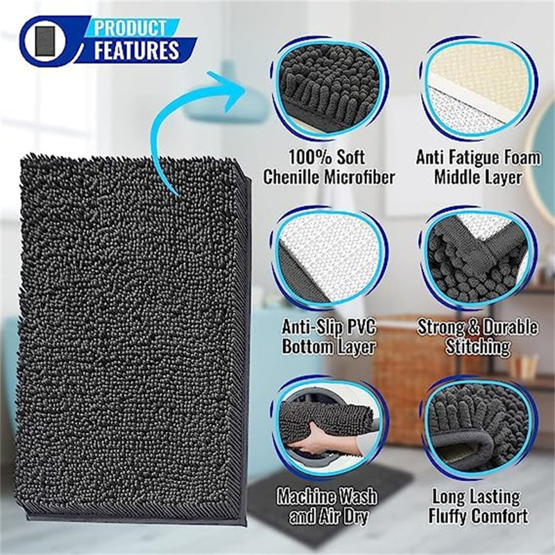 Caliah Chenille Non-Slip Bath Rug, 80cm, Black