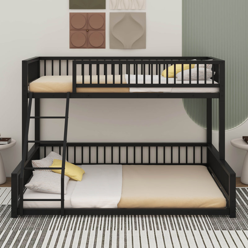 Twin XL Over Queen Floor Bunk Bed Frame With Ladder And Safety Guardrails, Black