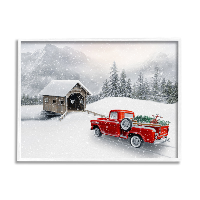 Paysage de montagne relaxant enneigé, camion rouge, art numérique de la giclée noire encadrée par Michael Shelton
