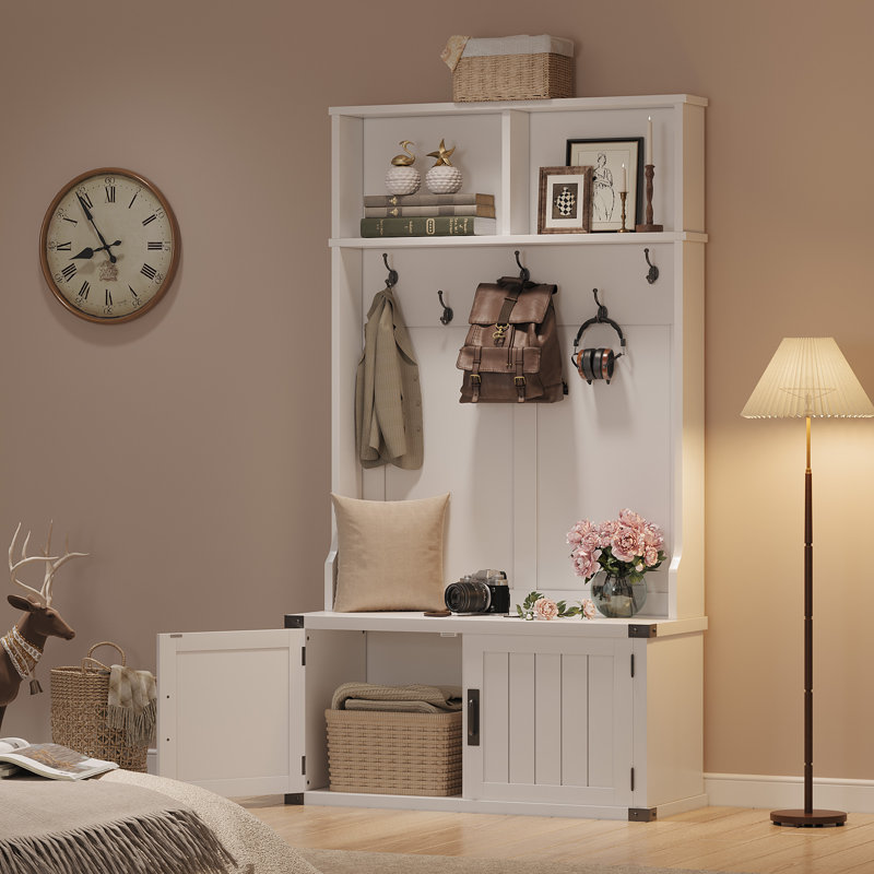 76-Inch Hall Tree with Bench and Shoe Storage in White -  Entryway Bench with Coat Rack. 4 Shoe Compartments. 4 Coat Hooks and Top Storage for Mudroom
