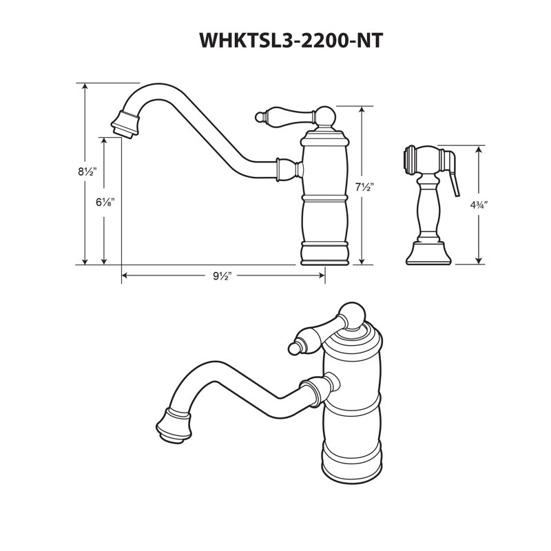 Whitehaus Collection Single Lever Faucet with Traditional Swivel Spout and Solid Brass Side Spray, Antique Brass