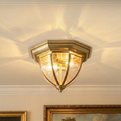 2-Light Brass Octagon Glass Flush Mount