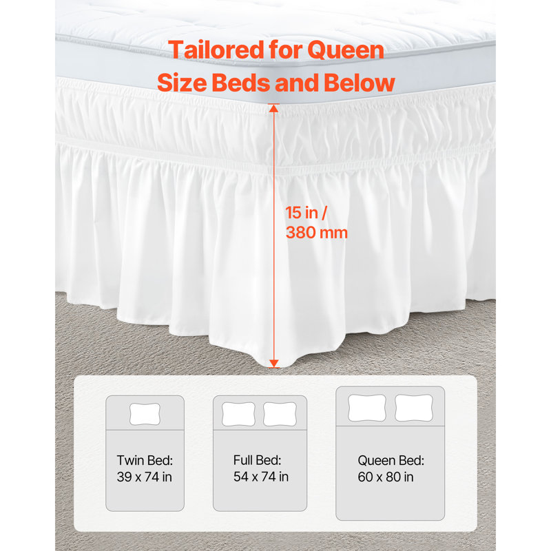 Jupe de lit portefeuille, 38 cm retombée, volant anti-poussière blanc, taille Queen, jupe de lit ajustable sur trois côtés avec sangle élastique facile à installer, infroissable et résistante à la décoloration, lavable à la machine