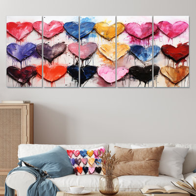 Pink And Blue Heart Pop Art II - Pop Art 5 Piece Wall Art Canvas