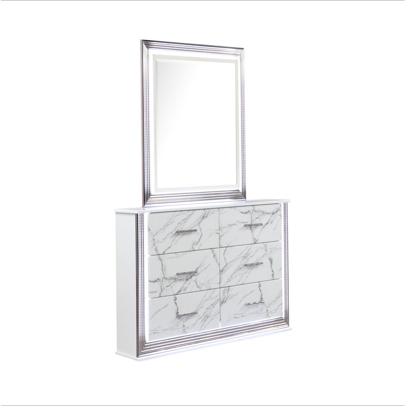 Desire Dresser Marble Patterned Drawer Fronts With Sleek White Finish, Metallic Handle  And Six Spacious Drawers For Elegant Bedroom