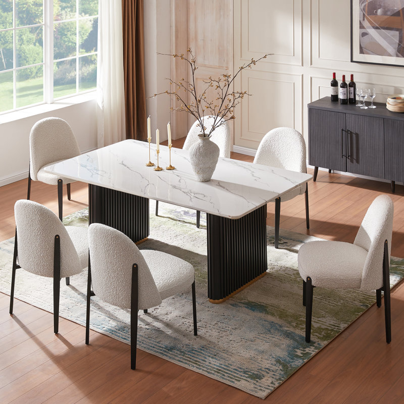 Ensemble de salle à manger à double piédestal pour 6 personnes, Blanc, 7 pièces : table, 6 chaises