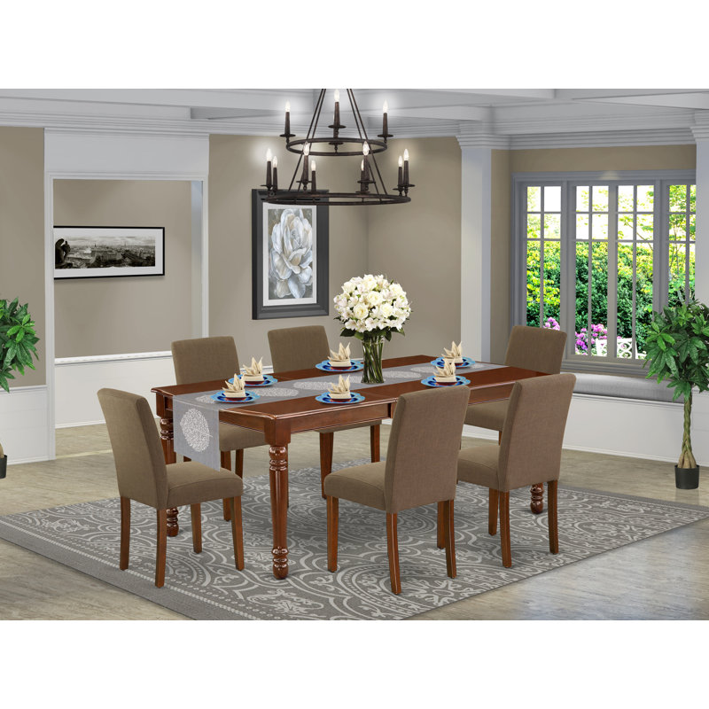7 Piece Dining Set Consist of a Rectangle Dining Room Table with Butterfly Leaf and 6 Coffee Linen Fabric Upholstered Chairs, 42x78 Inch, Mahogany