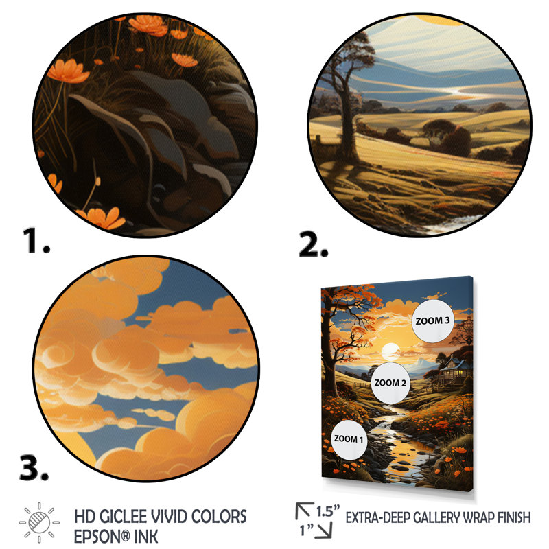 «Countryside Golden Field VI», reproduction sur toile, Encadrement doré, H 32 po x l 16 po x P 1 po