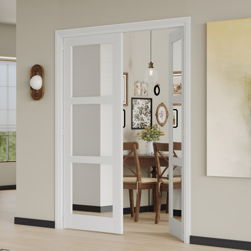 Prehung Door Double Panel Interior Door MDF White 3-Lite Mirror Design Pantry Door With Adjustable Jamb & Hardware (Assembly Required)