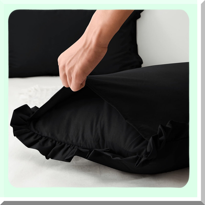 RuffleEdge Pillow Cover Set - 2 Pack Brushed Microfiber Shams for Standard Size Pillows, Envelope Closure, 20x26 inches, Black Bedding Essentials