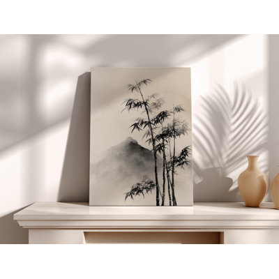 Bamboo Wall Art, Japanese Ink Painting on Canvas - Minimalist Zen Decor, Black and White Mountain Landscape Print for Modern Home Office