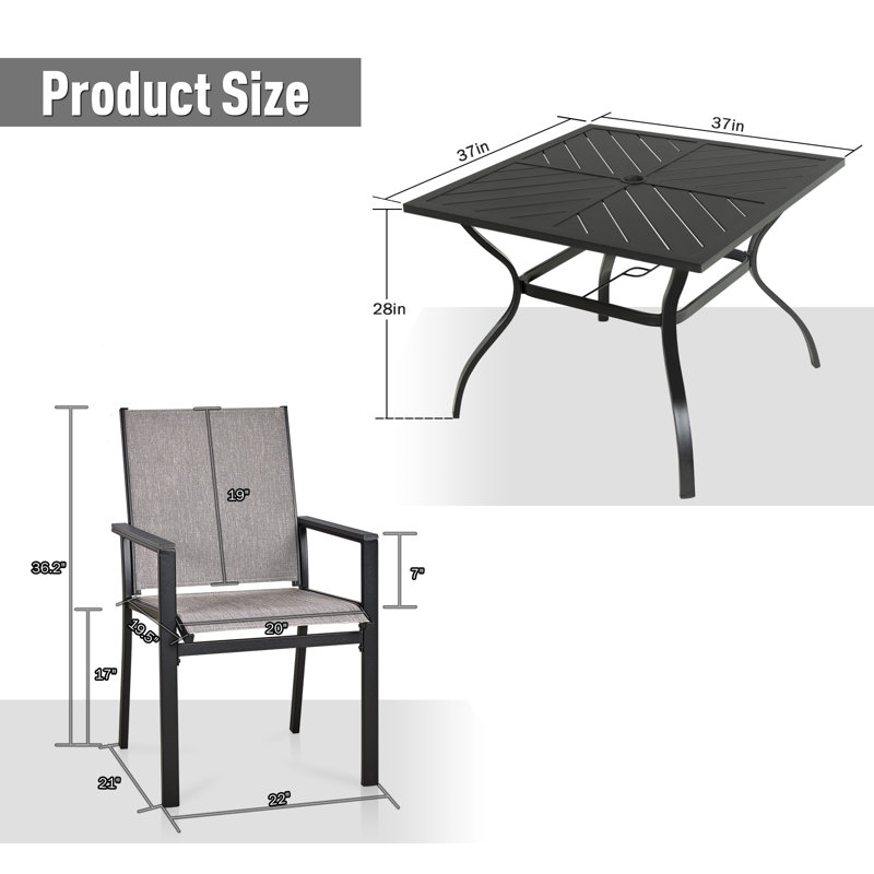 Ensemble de salle à manger d'extérieur 5 pièces Red Barrel Studio®, 4 chaises de salle à manger en polyester enduit de PVC avec table carrée en métal avec trou pour parasol de 2,25 po